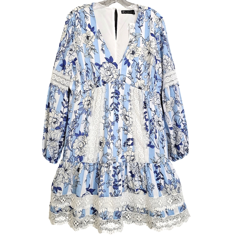Ny & Co Nwt Blue/White Striped Longsleeve Floral V neckline Flowy Shift Dress